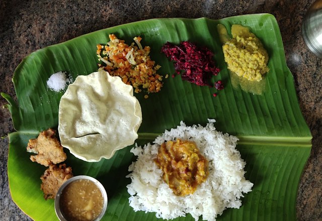 South Indian meal served on a banana leaf